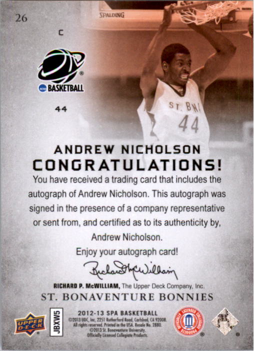 2012-13 SP Authentic Autographs #26 Andrew Nicholson C back image