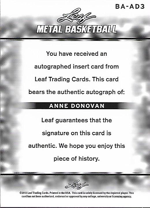 2012-13 Leaf Metal #BAAD3 Anne Donovan back image