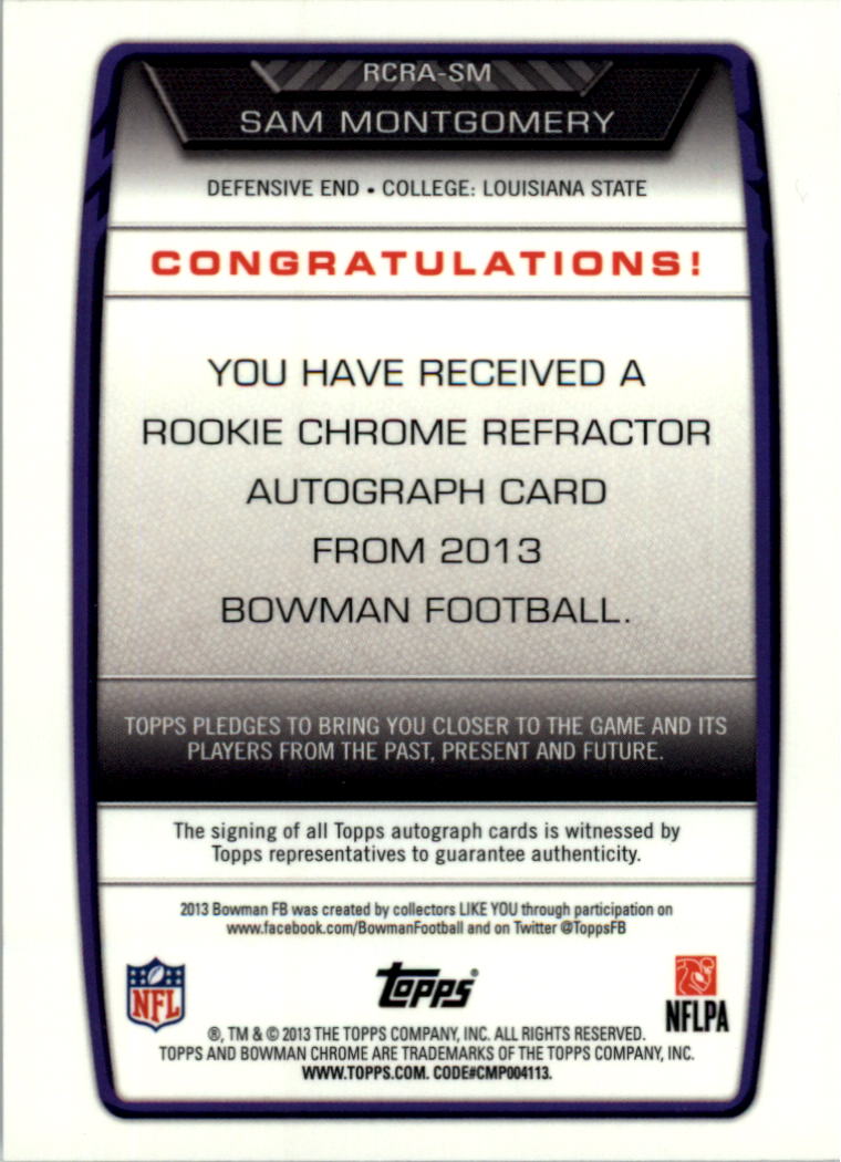 2013 Bowman Chrome Rookie Autographs Orange Refractors #RCRASM Sam Montgomery back image