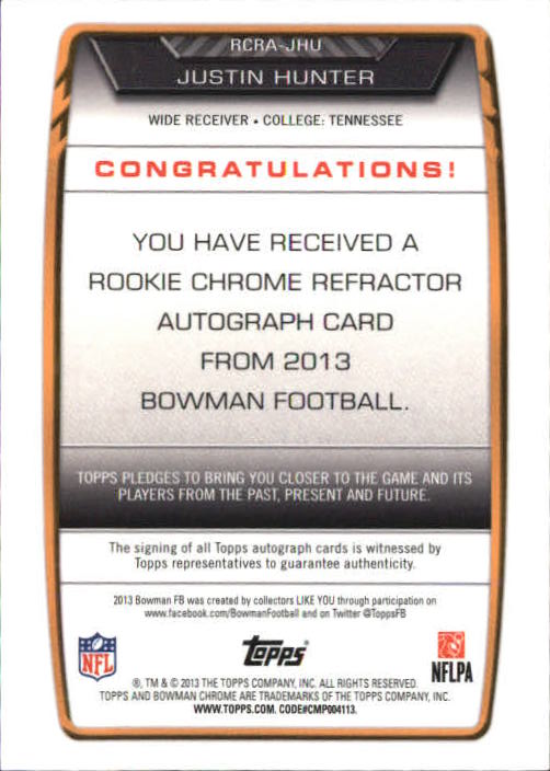 2013 Bowman Chrome Rookie Autographs Red Refractors #RCRAJHU Justin Hunter back image