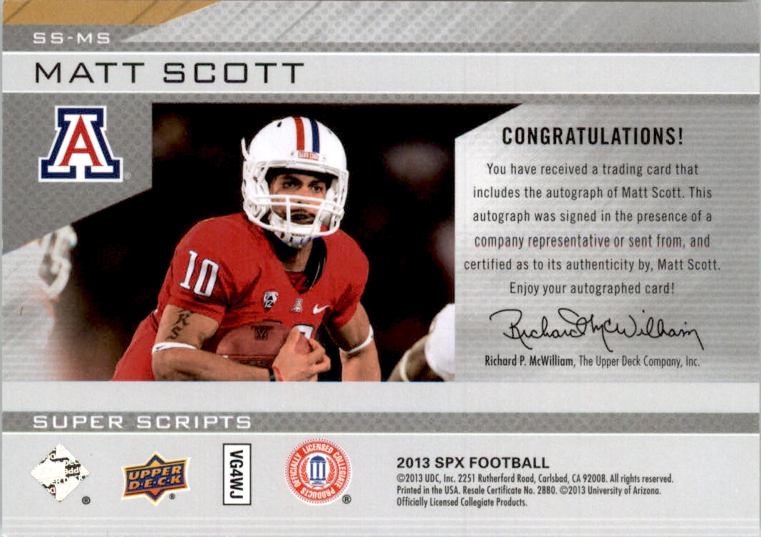 2013 SPx Super Scripts Autographs #SSMS Matt Scott back image