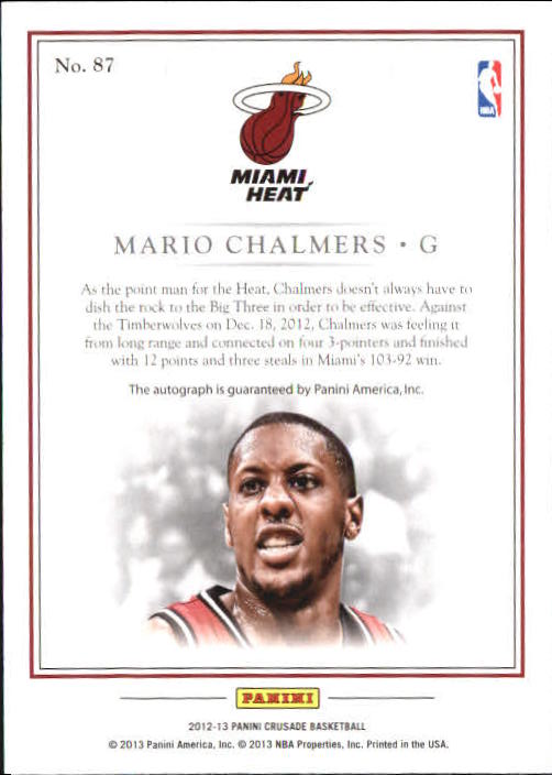 2012-13 Panini Crusade Quest Autographs #87 Mario Chalmers back image