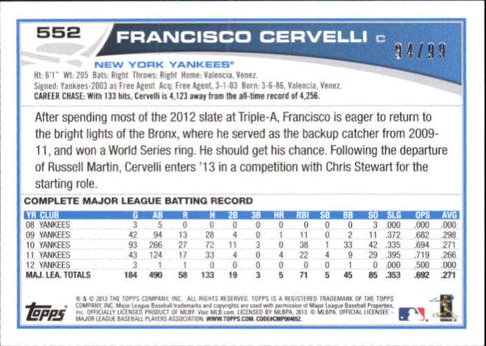 2013 Topps Camo #552 Francisco Cervelli back image