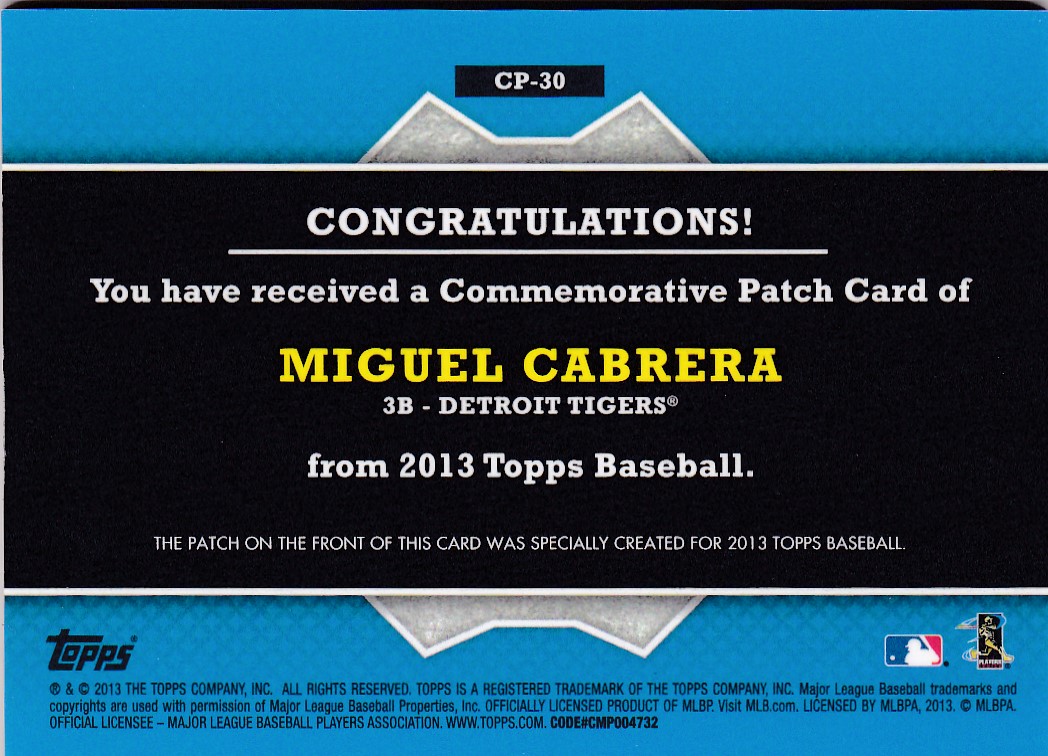 2013 Topps Manufactured Commemorative Patch #CP30 Miguel Cabrera - NM-MT
