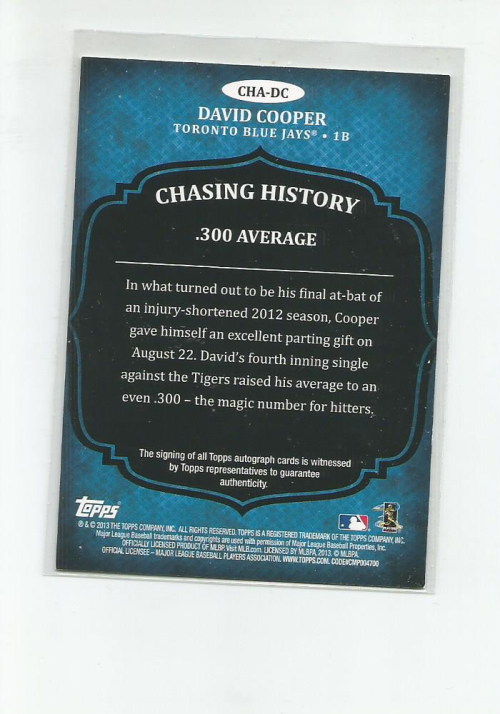 2013 Topps Chasing History Autographs #DC David Cooper S2 back image