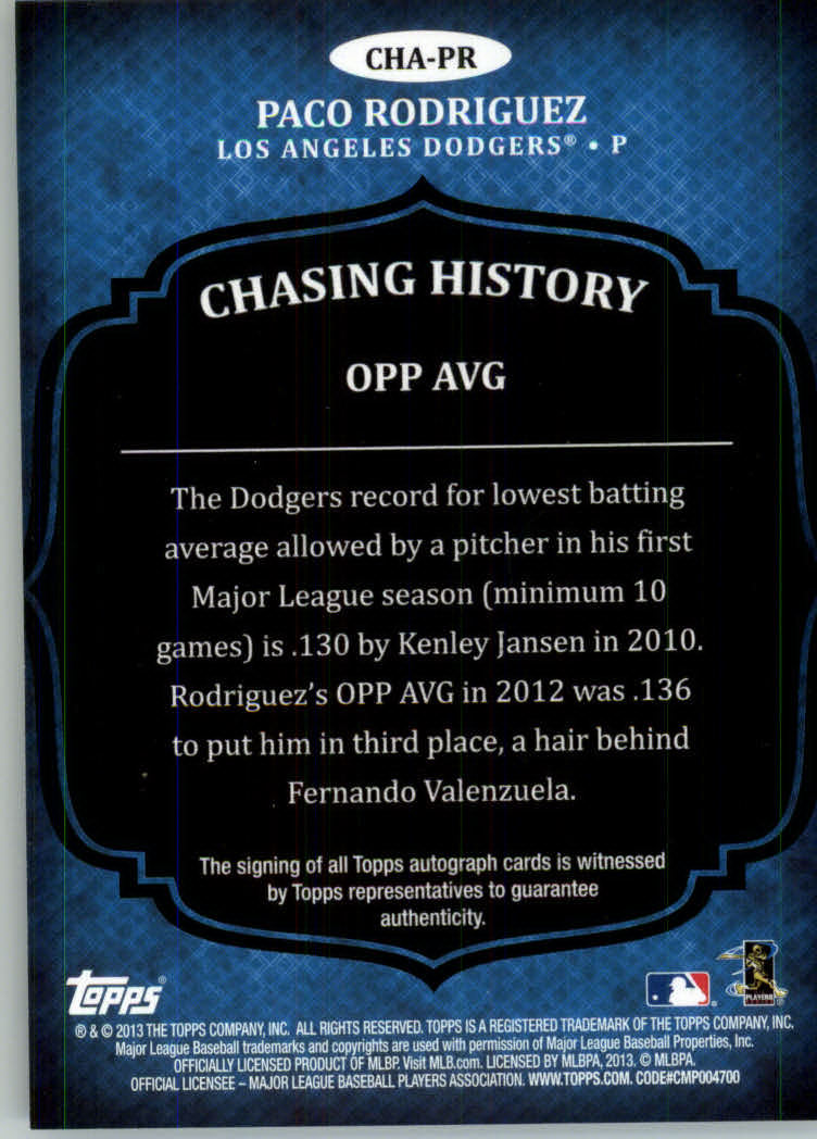 2013 Topps Chasing History Autographs #PR Paco Rodriguez S2 back image