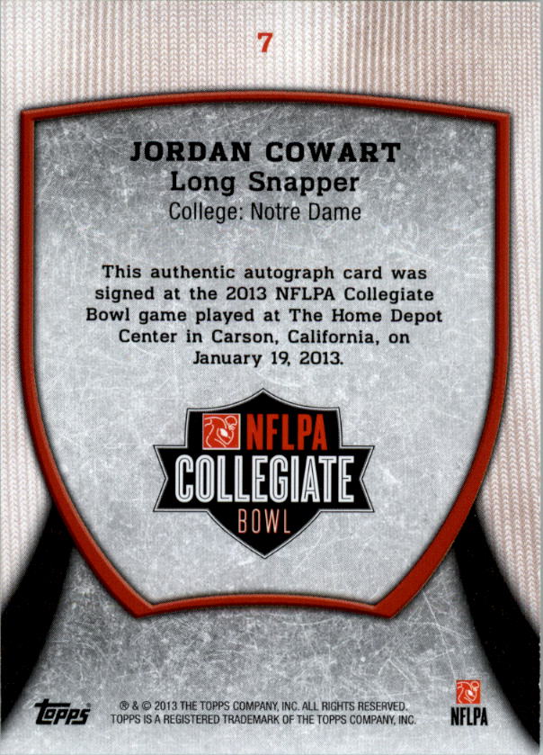 2013 Topps NFLPA Collegiate Bowl Autographs Red Ink #7 Jordan Cowart back image