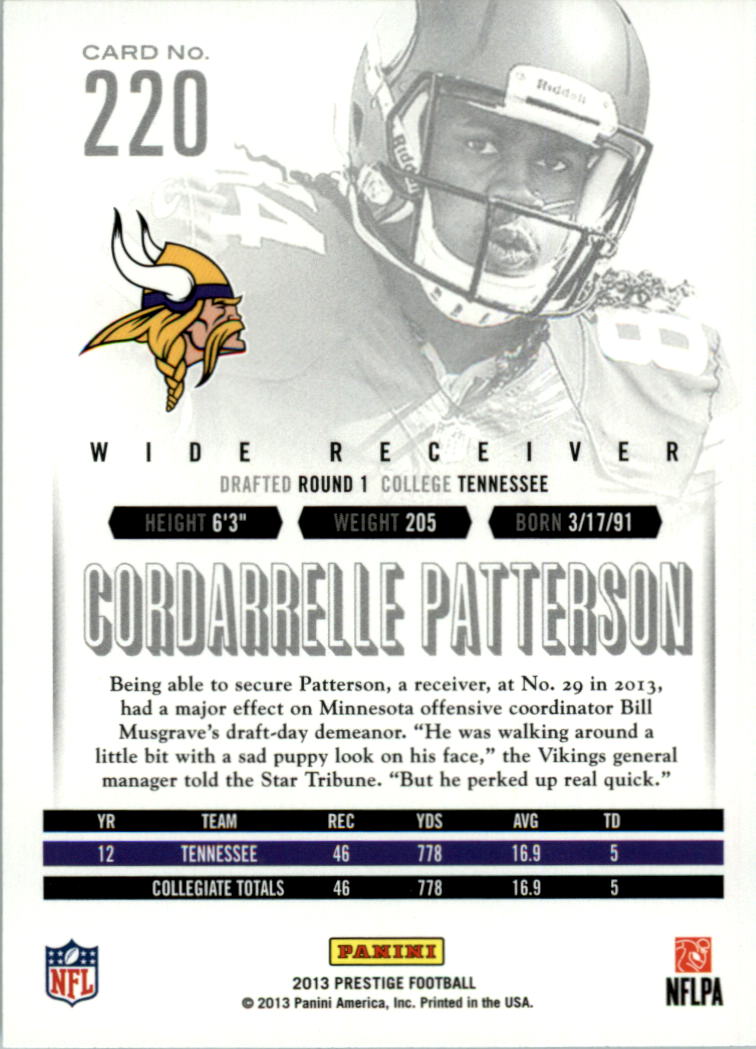2013 Prestige Extra Points Red #220 Cordarrelle Patterson back image