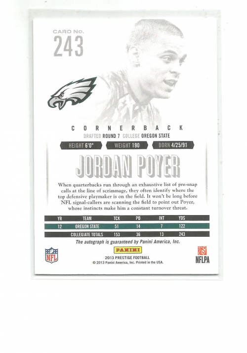 2013 Prestige Extra Points Blue Autographs #243 Jordan Poyer back image
