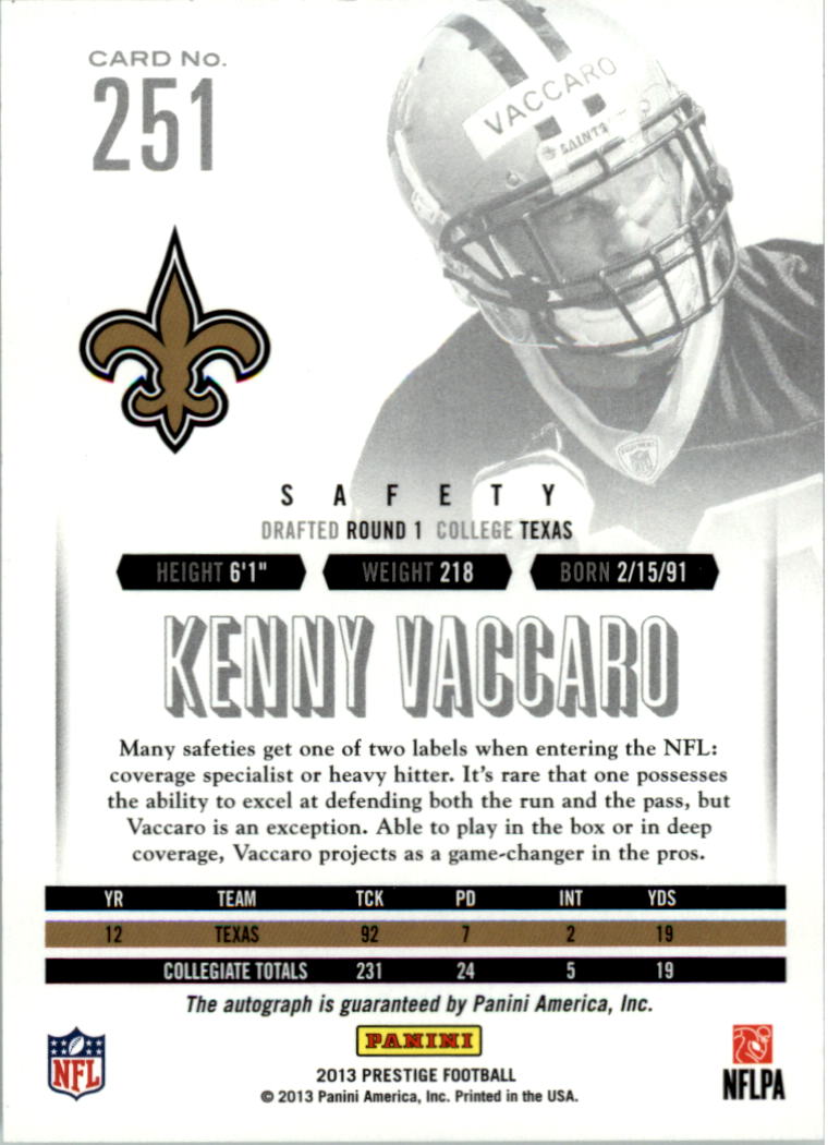 2013 Prestige Extra Points Red Autographs #251 Kenny Vaccaro back image