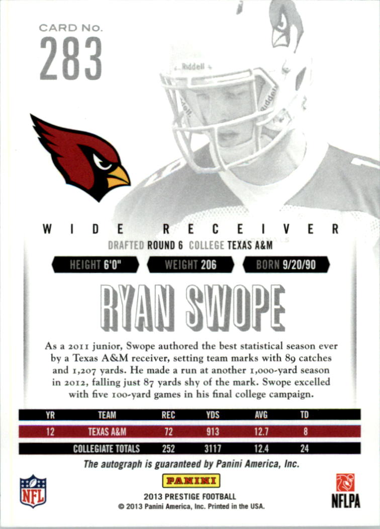 2013 Prestige Extra Points Red Autographs #283 Ryan Swope back image