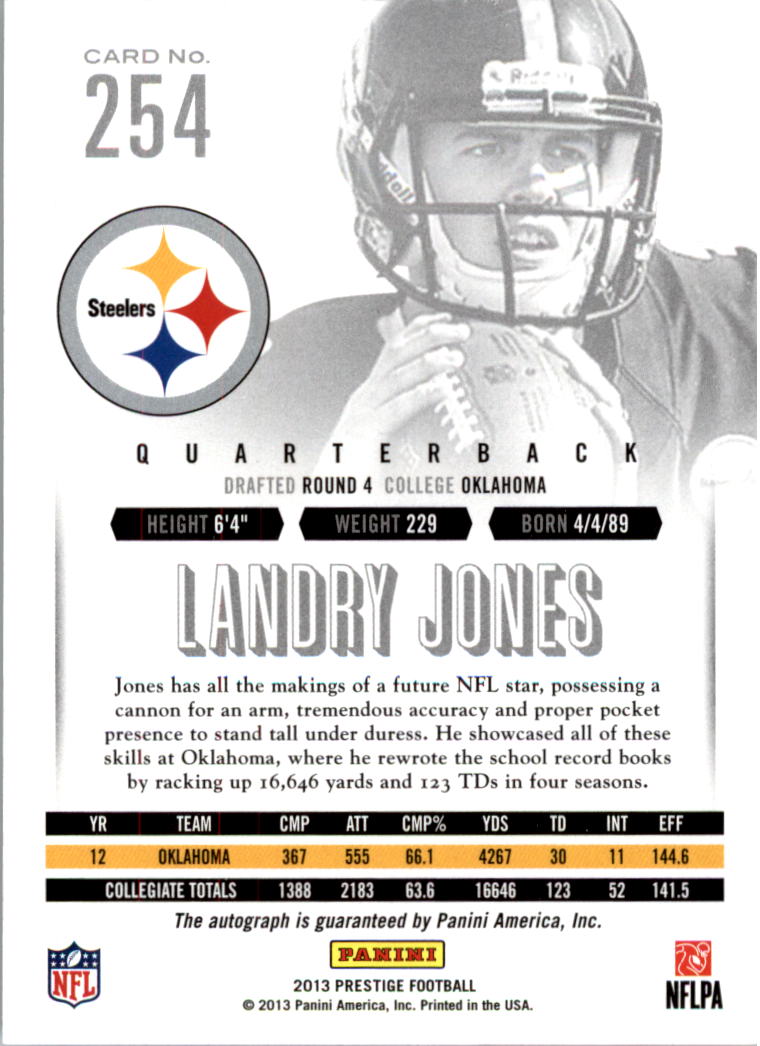 2013 Prestige Extra Points Gold Autographs #254 Landry Jones back image