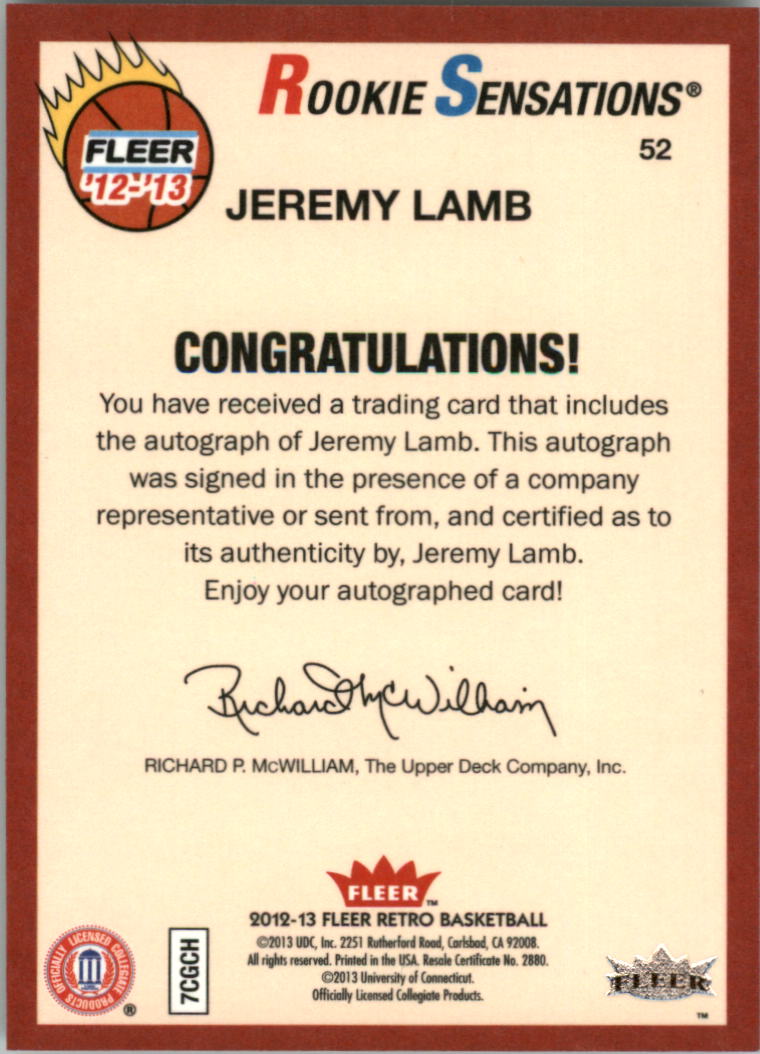 2012-13 Fleer Retro Autographs #52 Jeremy Lamb RS B back image