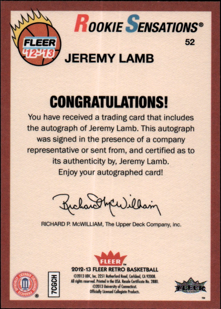 2012-13 Fleer Retro Autographs #52 Jeremy Lamb RS B back image