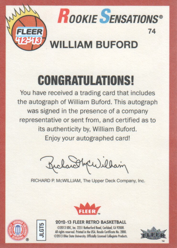 2012-13 Fleer Retro Autographs #74 William Buford RS B back image