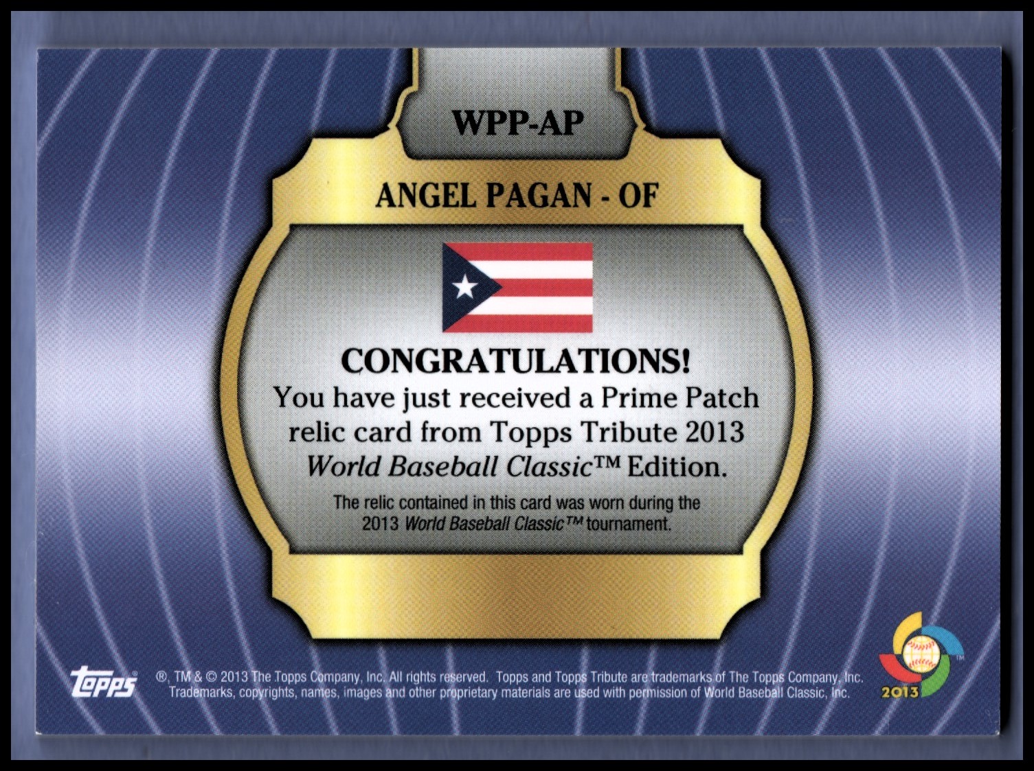 2013 Topps Tribute WBC Prime Patches #AP Angel Pagan/111 back image