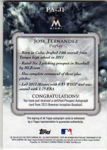 2013 Bowman Inception Prospect Autographs #JF Jose Fernandez back image