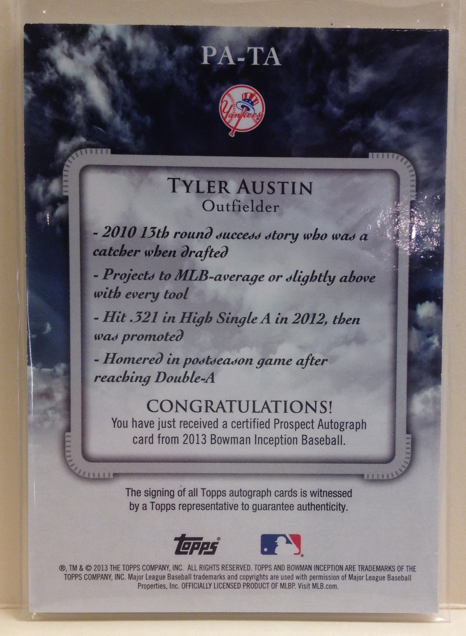 2013 Bowman Inception Prospect Autographs #TA Tyler Austin back image