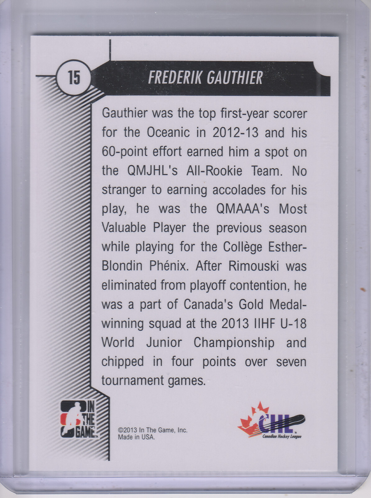 2012-13 ITG Draft Prospects #15 Frederik Gauthier back image