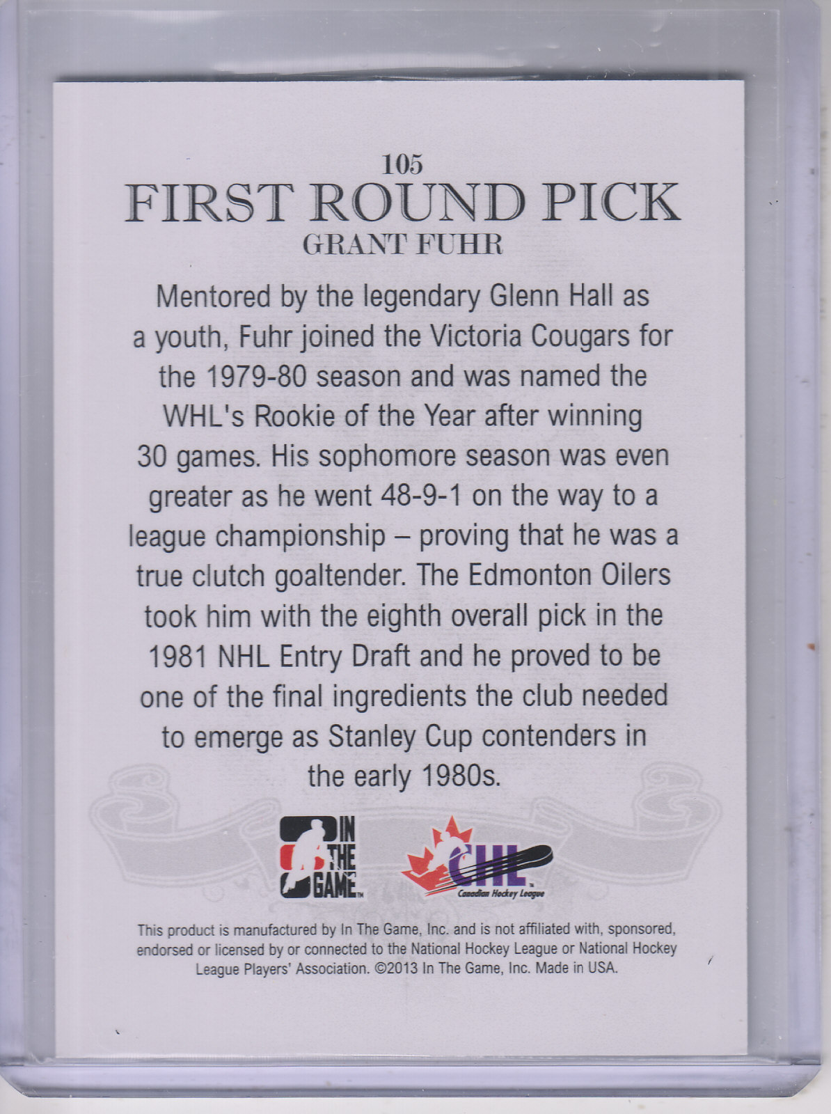 2012-13 ITG Draft Prospects #105 Grant Fuhr FRP back image