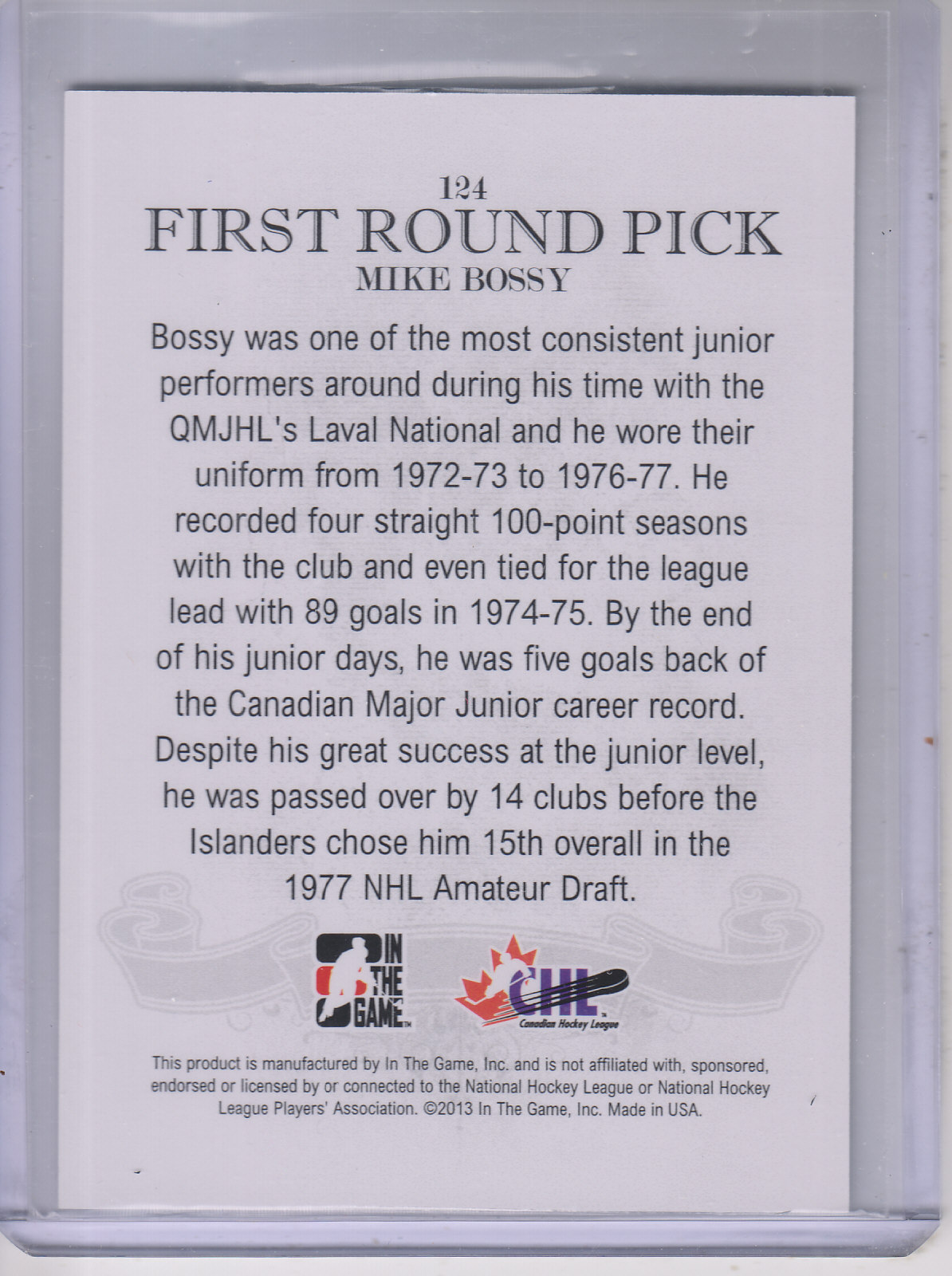 2012-13 ITG Draft Prospects #124 Mike Bossy FRP back image