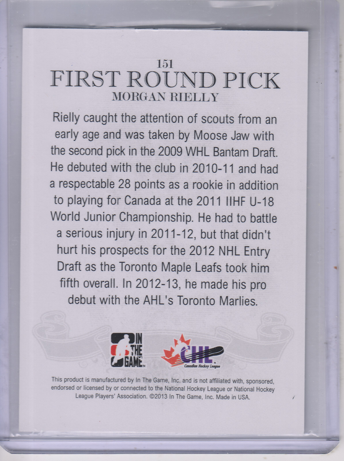 2012-13 ITG Draft Prospects #151 Morgan Rielly FRP back image