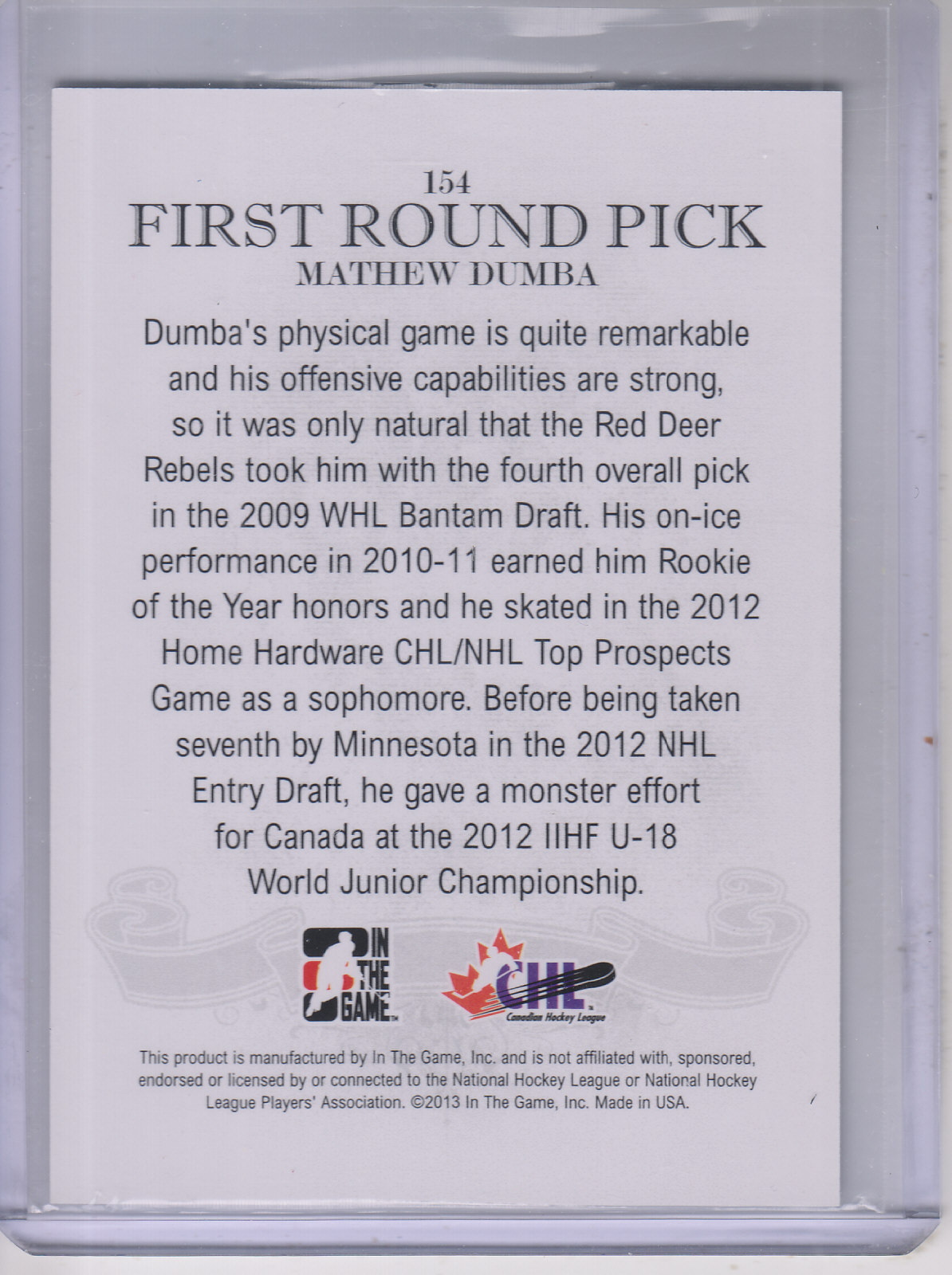 2012-13 ITG Draft Prospects #154 Mathew Dumba FRP back image