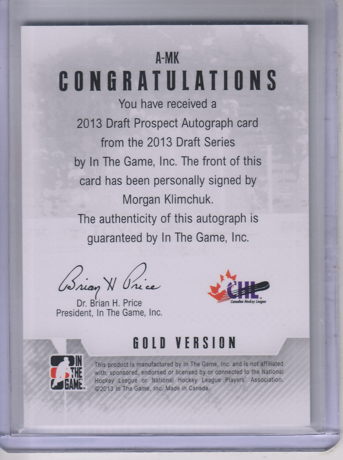 2012-13 ITG Draft Prospects Autographs Gold #AMG Morgan Klimchuk back image