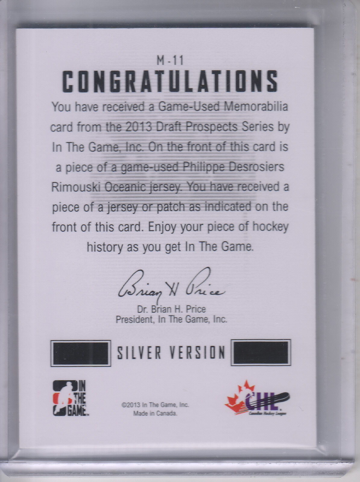 2012-13 ITG Draft Prospects Patch #M11 Philippe Desrosiers back image