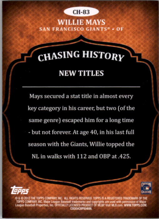 2013 Topps Chasing History Holofoil Gold #CH83 Willie Mays back image