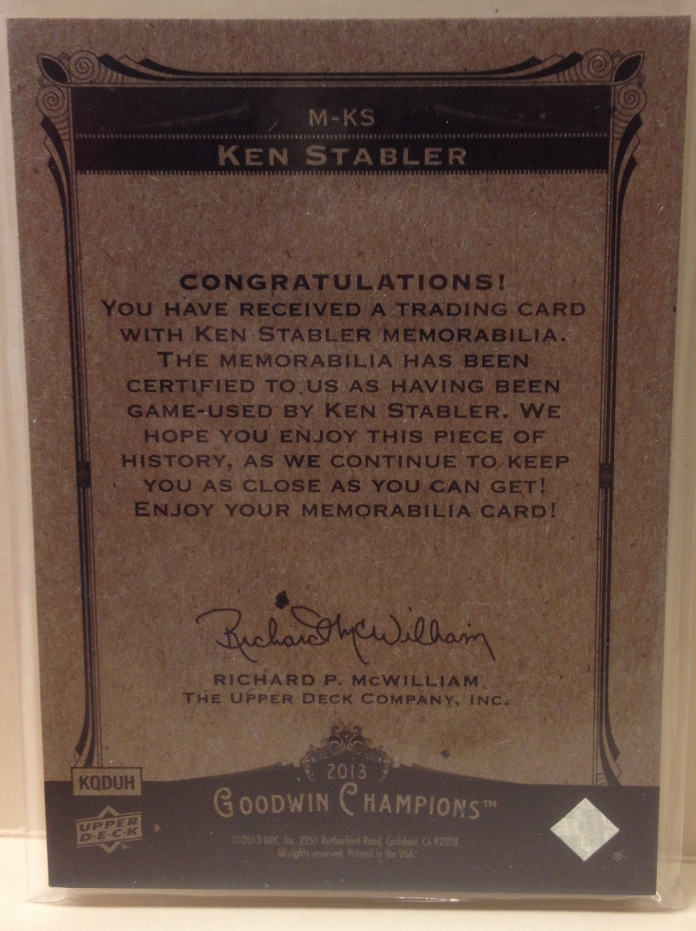 2013 Upper Deck Goodwin Champions Memorabilia #MKS Ken Stabler D back image
