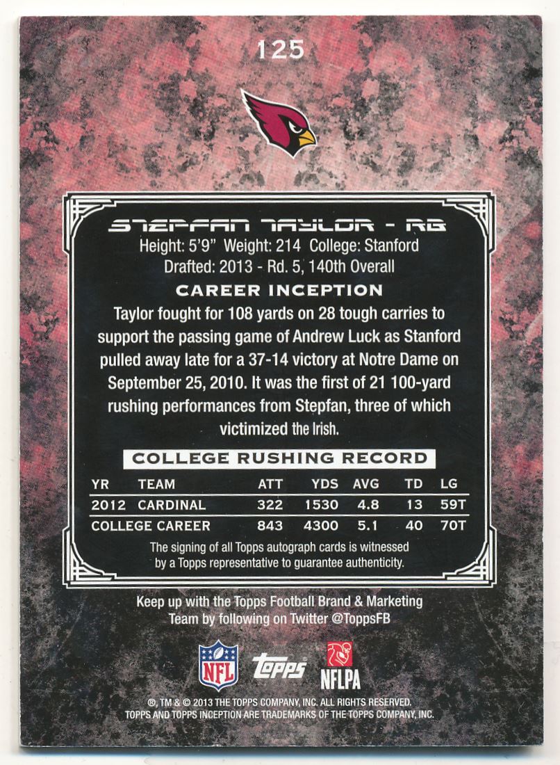 2013 Topps Inception Green #125 Stepfan Taylor AU back image