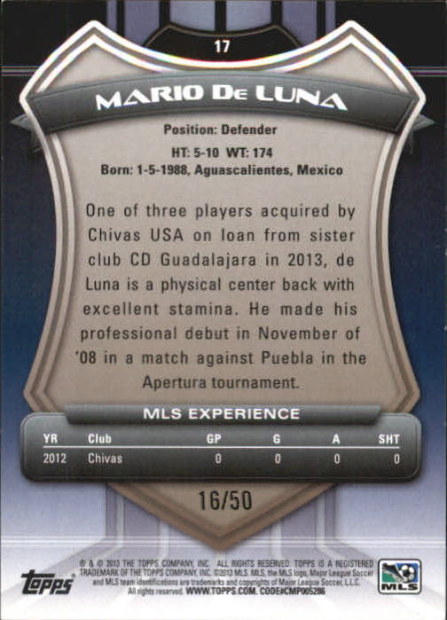 2013 Topps MLS Blue #17 Mario de Luna back image