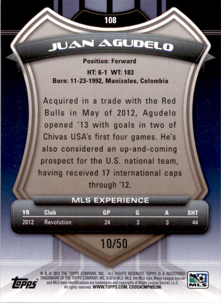 2013 Topps MLS Blue #108 Juan Agudelo back image