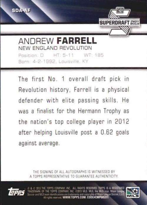 2013 Topps MLS Super Draft Autographs #AF Andrew Farrell back image