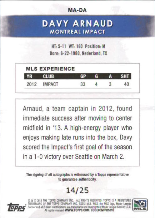 2013 Topps MLS Maestros Autographs #DA Davy Arnaud back image