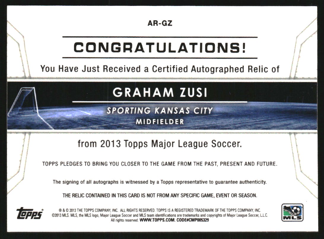 2013 Topps MLS Relic Autographs #GZ Graham Zusi back image