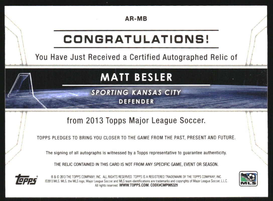 2013 Topps MLS Relic Autographs #MB Matt Besler back image