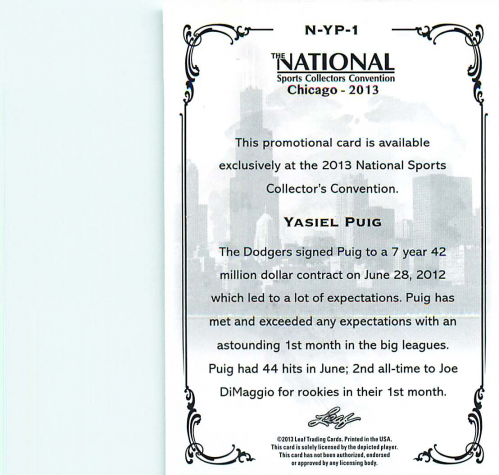 2013 Leaf National Convention Yasiel Puig #NAYP1 Yasiel Puig back image