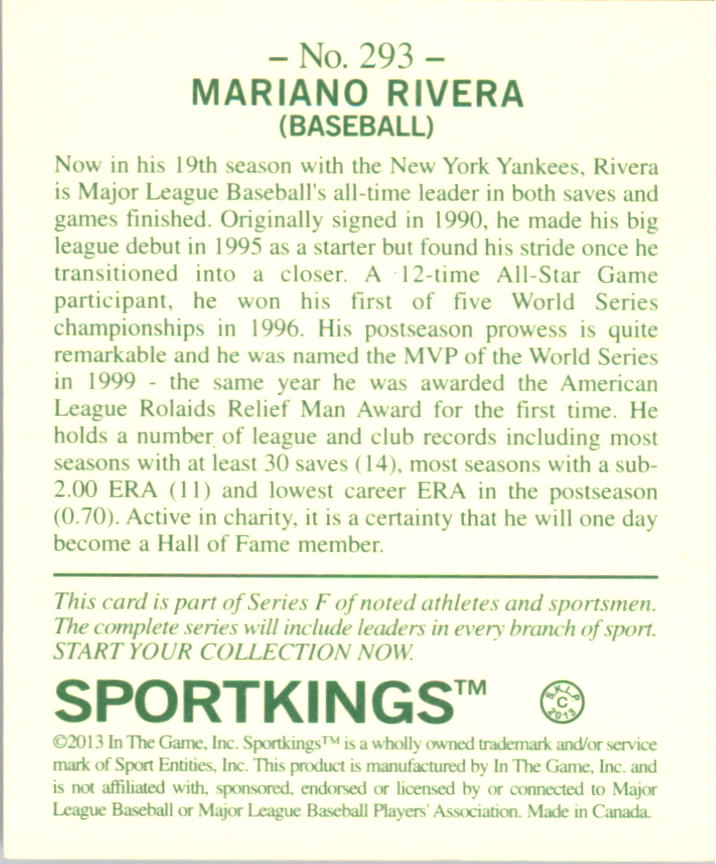 2013 Sportkings Mini #293 Mariano Rivera back image