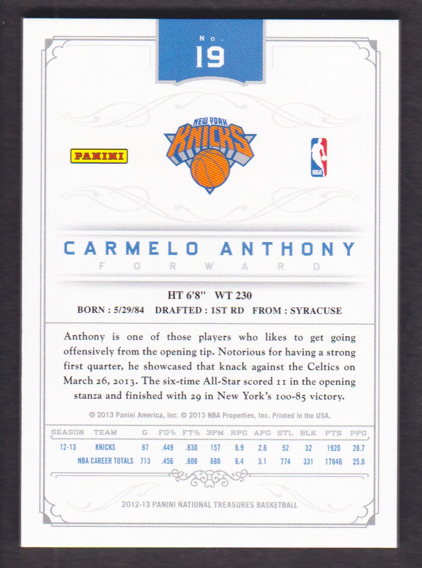 2012-13 Panini National Treasures Silver #19 Carmelo Anthony back image
