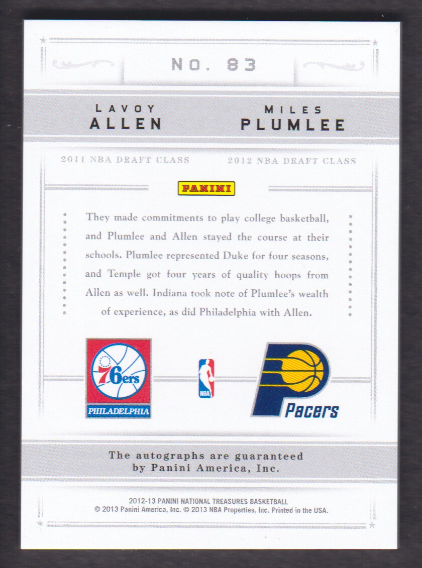 2012-13 Panini National Treasures 11 vs. 12 Signatures Silver #83 Miles Plumlee/49/Lavoy Allen back image