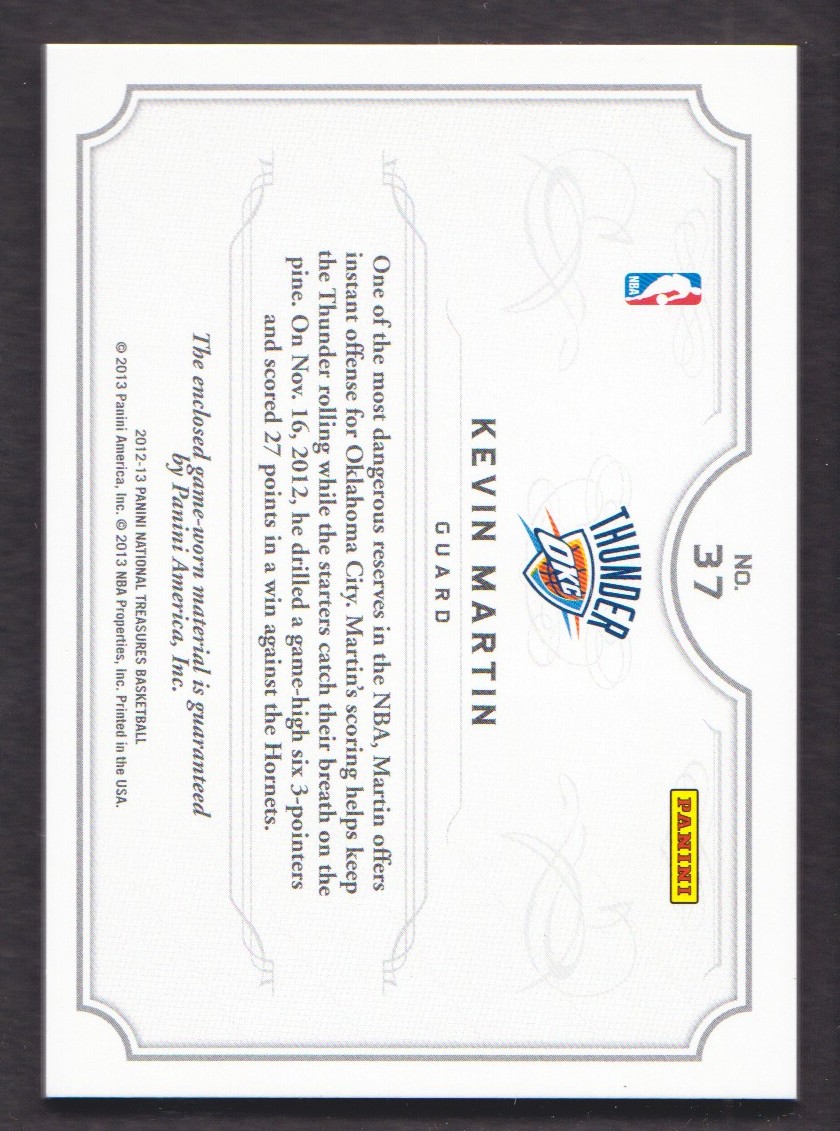 2012-13 Panini National Treasures NBA Gear Dual #37 Kevin Martin/99 back image