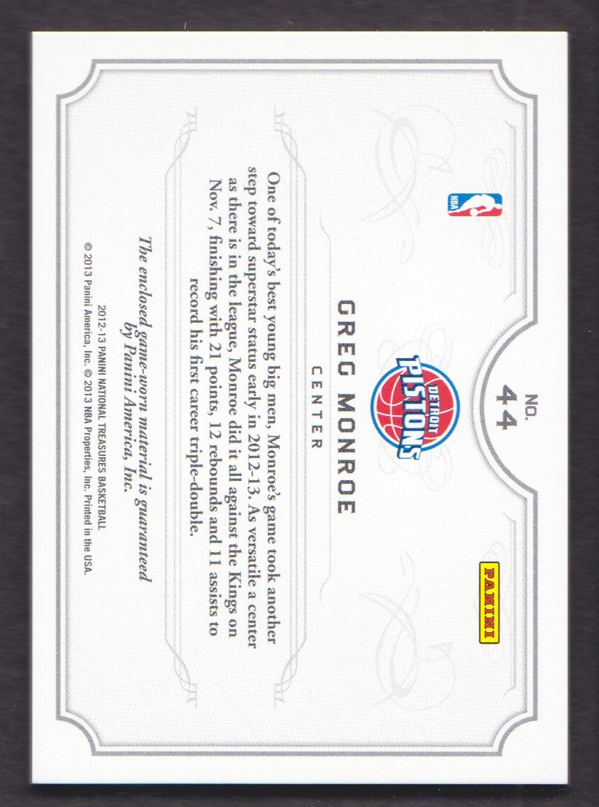 2012-13 Panini National Treasures NBA Gear Dual #44 Greg Monroe/99 back image