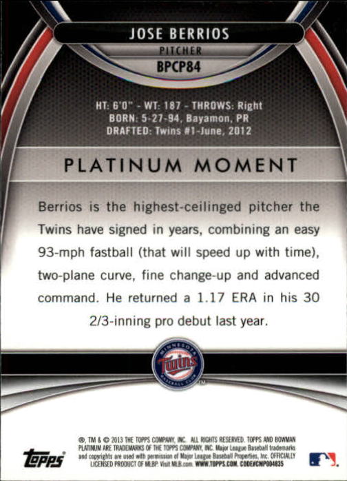 2013 Bowman Platinum Chrome Prospects X-Fractors #BPCP84 Jose Berrios