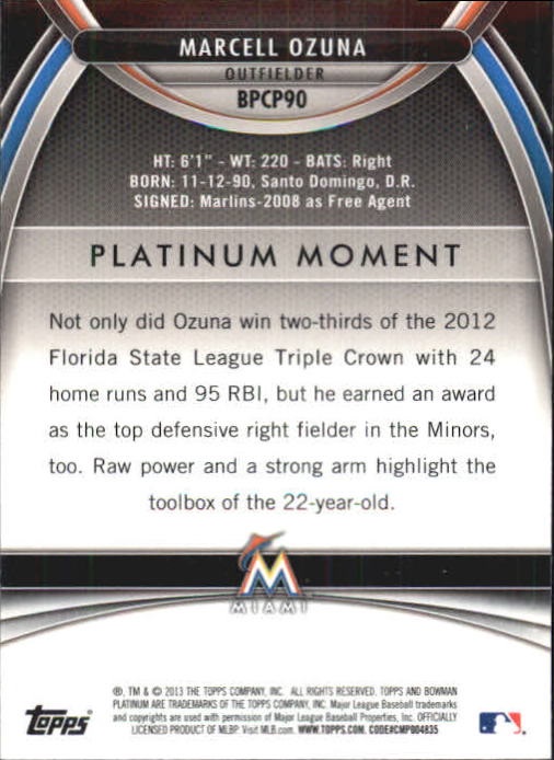 2013 Bowman Platinum Chrome Prospects X-Fractors #BPCP90 Marcell Ozuna back image