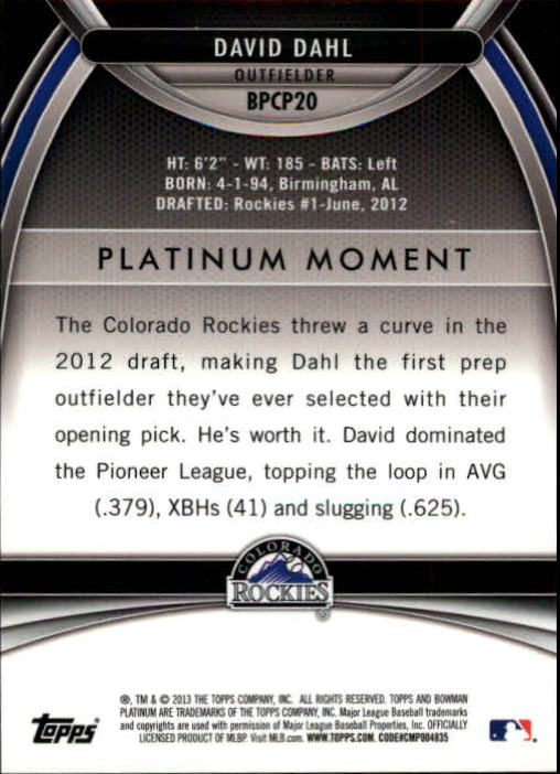 2013 Bowman Platinum Chrome Prospects Green Refractors #BPCP20 David Dahl