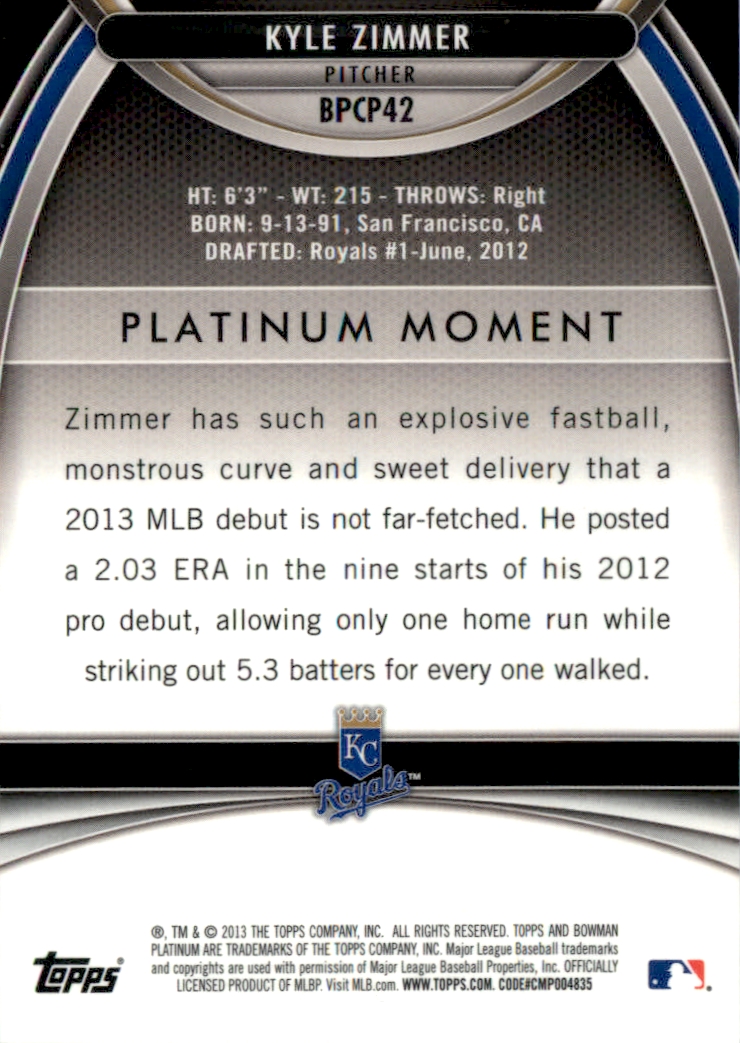 2013 Bowman Platinum Chrome Prospects Blue Refractors #BPCP42 Kyle Zimmer back image