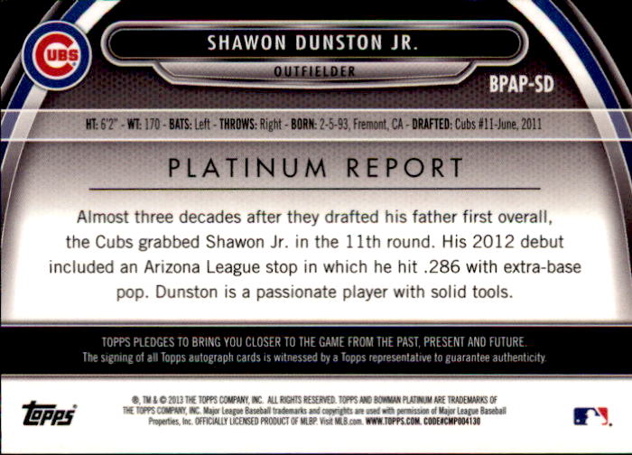 2013 Bowman Platinum Prospect Autographs Blue Refractors #SD Shawon Dunston Jr. back image