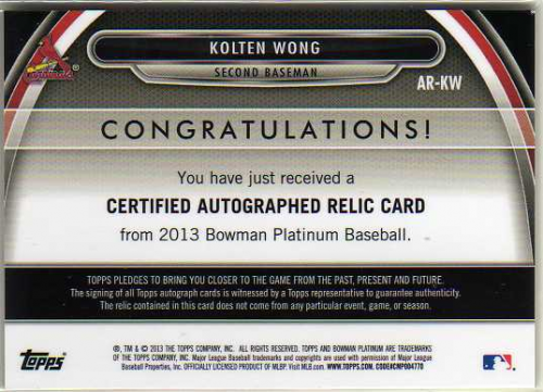 2013 Bowman Platinum Relic Autographs #KW Kolten Wong back image